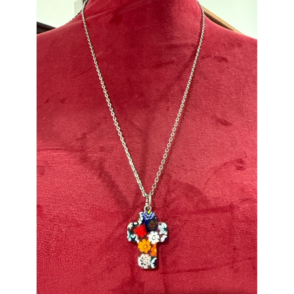 Murano-Style Millefiori Glass Cross Pendant on Silver-Tone Chain